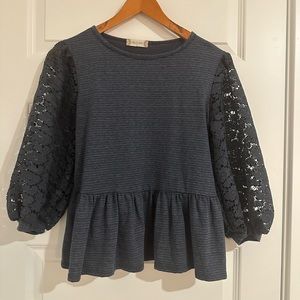 Altar’d State Blue Peplum Top With Lace Sleeves